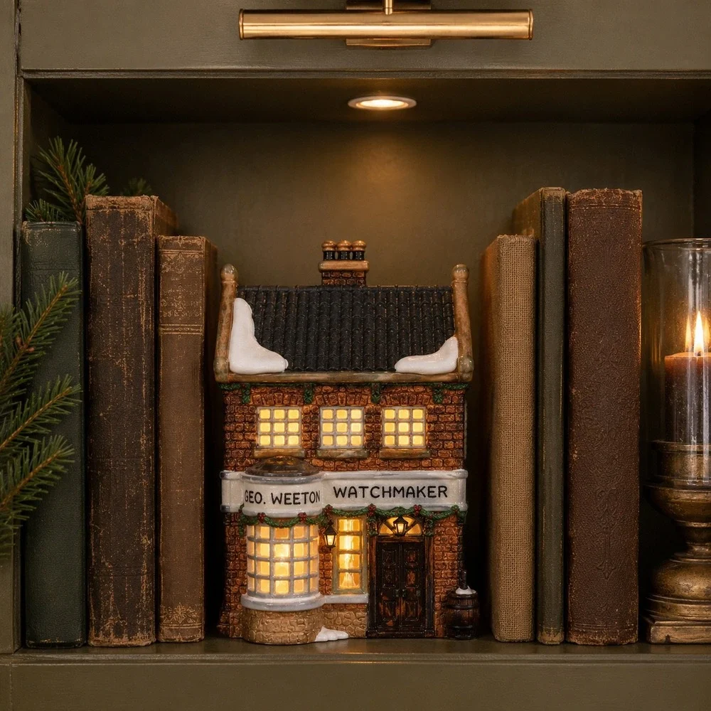 Vintage Lighted Christmas Village House Porcelain Watchmaker w Box & Cord Decor
